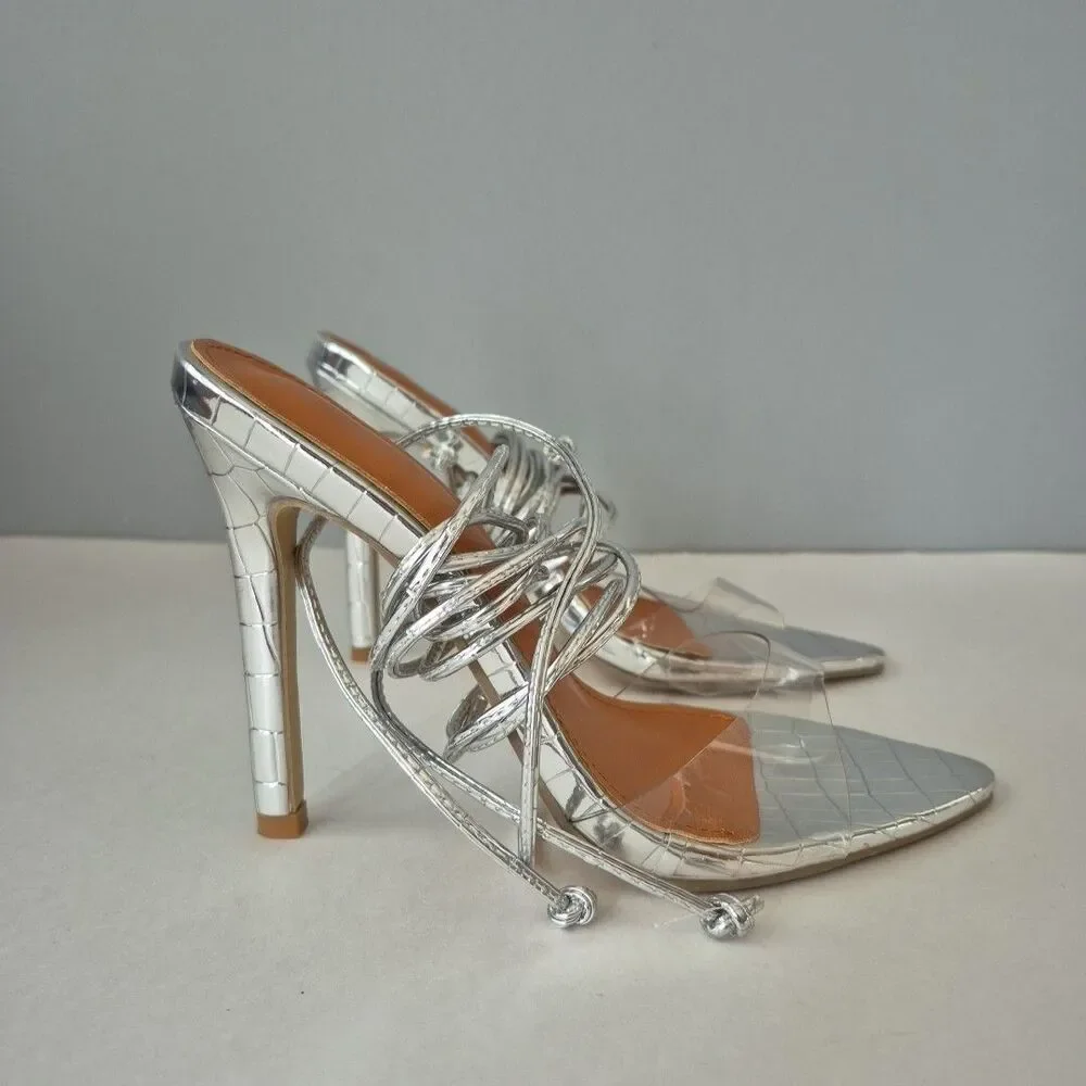 Boutique Silver Clear Open Toe Lace Up and Around the Calf High Heels Womens 6